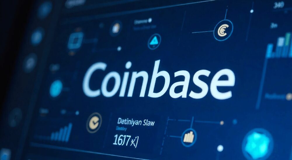 Coinbase logo with digital stablecoins, fintech dashboard showing payments and transactions for small and midsize businesses, modern professional style