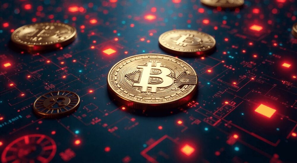 Digital representation of trillions of PYUSD stablecoins flooding a blockchain network, glitch effects, warning symbols, futuristic digital style