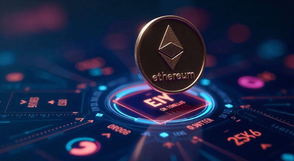 Ethereum coin above a digital staking platform interface, showing APY rates and step-by-step staking process for beginners in 2025