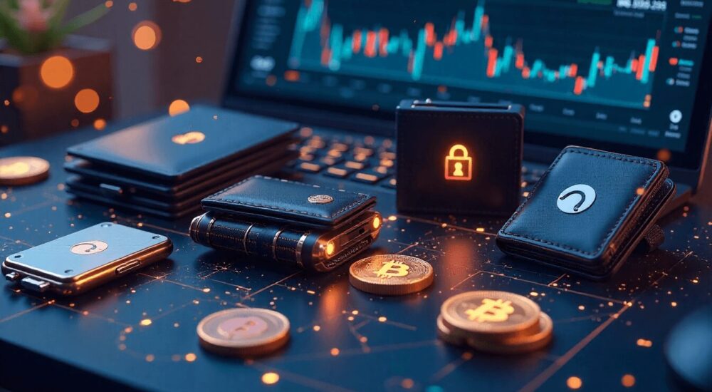 Five hardware cryptocurrency wallets on a futuristic digital desk, surrounded by crypto coins and security interface, highlighting secure crypto storage