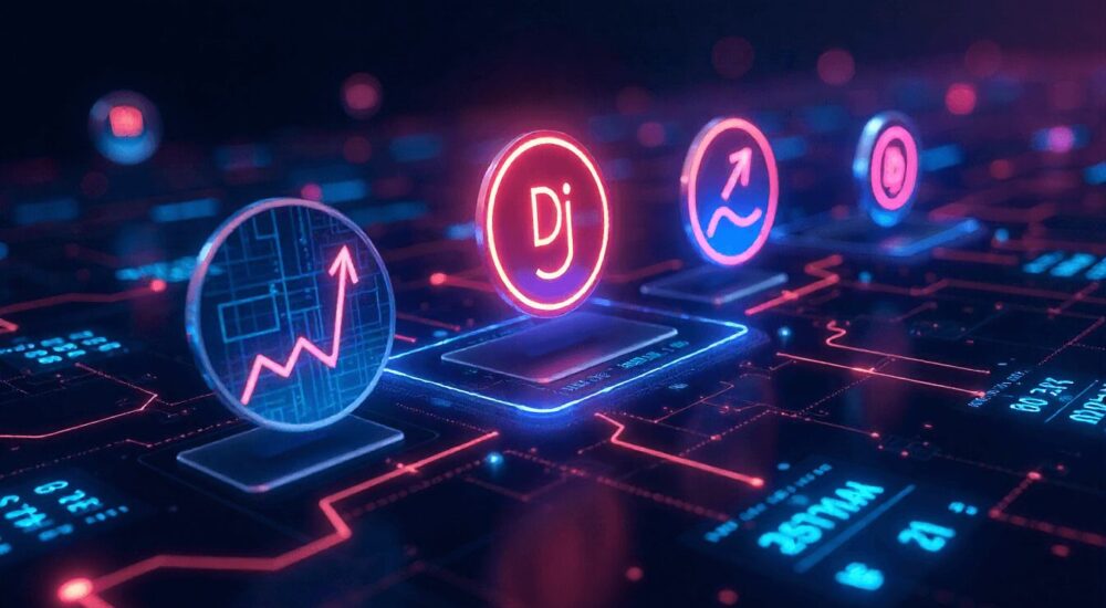 Five DeFi project tokens floating on a digital interface with growth charts and blockchain network, representing top decentralized finance projects to watch in 2025