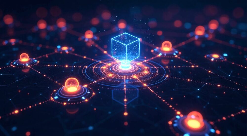 Futuristic digital interface showing Web3 decentralized applications and nodes connected across a glowing network, representing the future of the decentralized internet in 2025