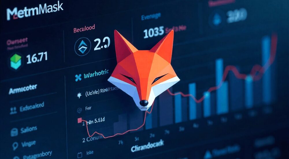 MetaMask fox logo displayed on a digital wallet interface, showing setup and DeFi transactions on the Ethereum network for beginners