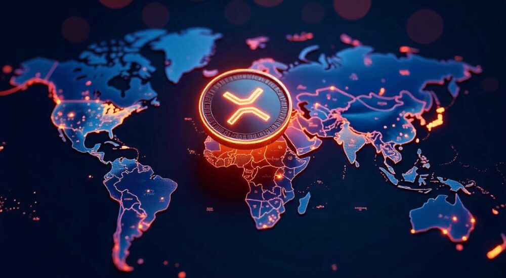 XRP coin above a world map with connecting lines illustrating cross-border transactions, subtle Fortune 500 logos, glowing digital accents
